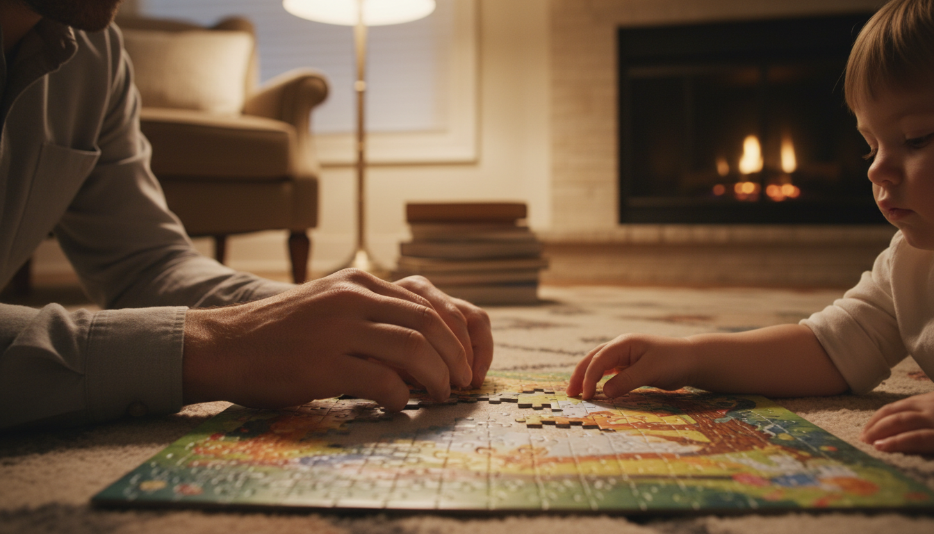 A father and child building a puzzle together in the evening, highlighting the importance of connection in coparenting.