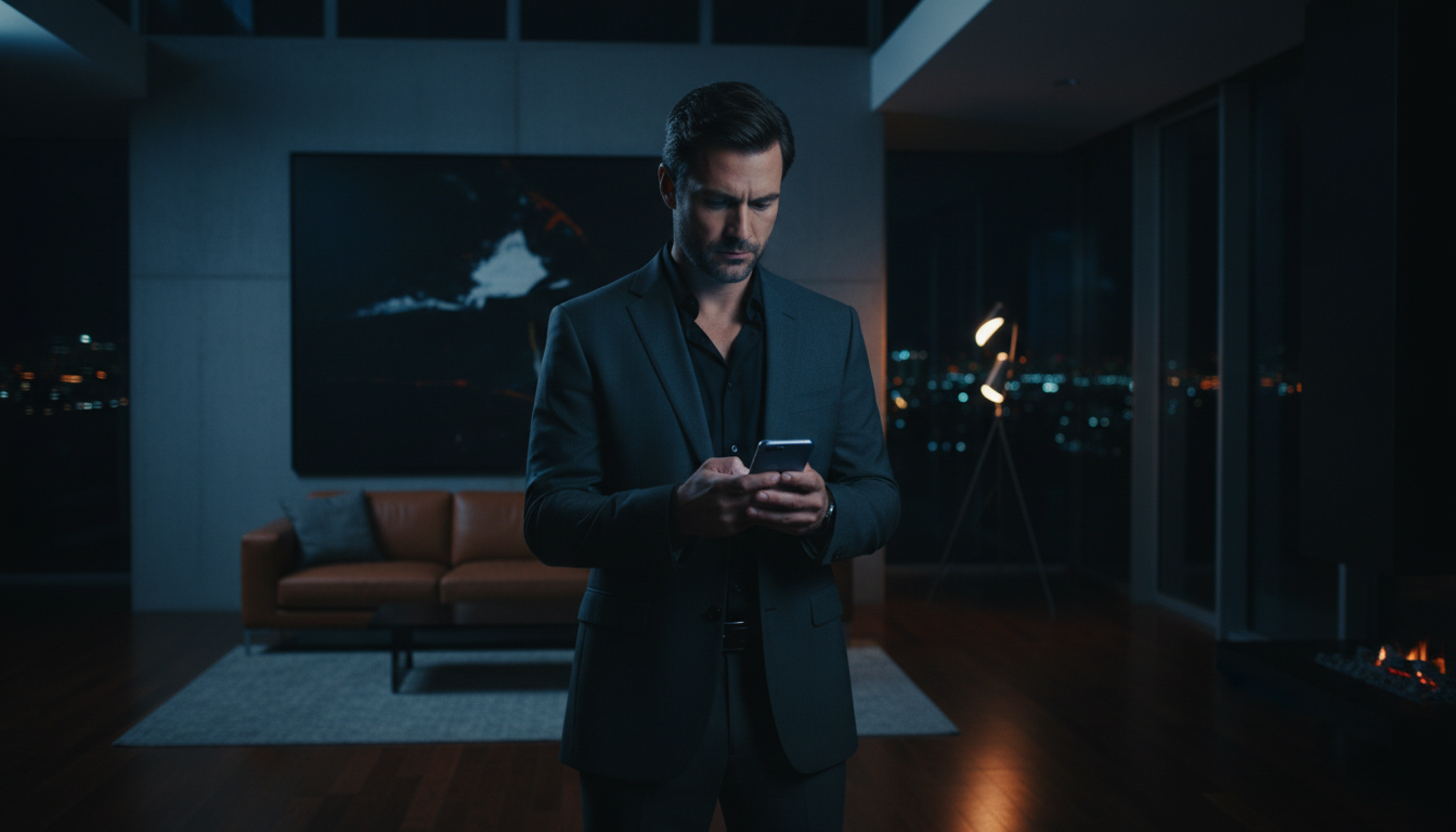 A man looking at a text message on his phone at night, dealing with a controlling ex wife after divorce.