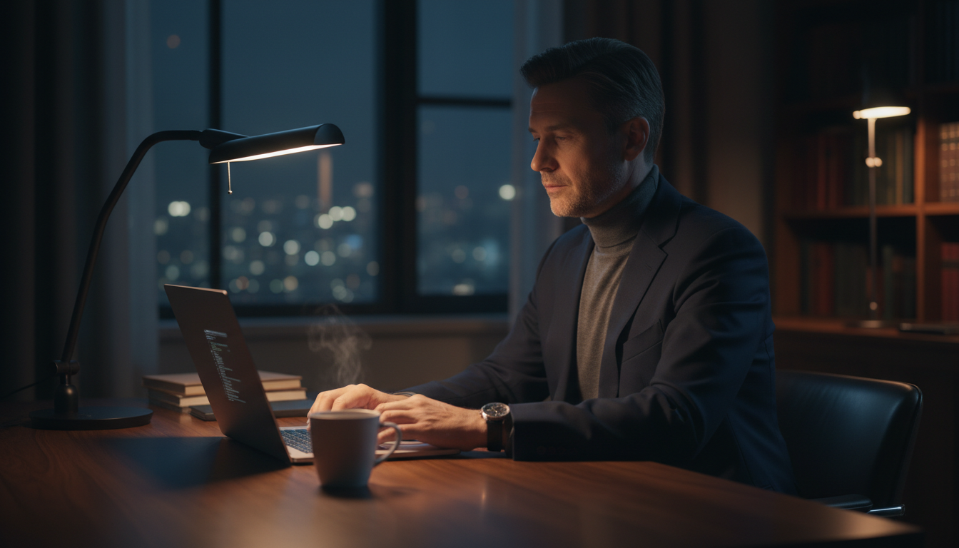 A focused man typing an email at his desk at night, enforcing boundaries with a controlling ex.