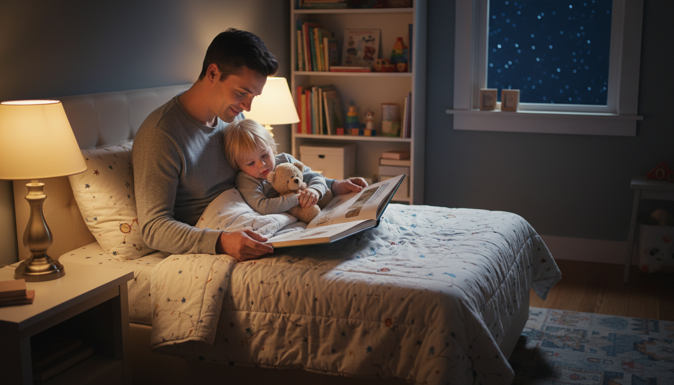 A peaceful father reading a book to his child at night, demonstrating the peace of mind achieved by setting co-parenting boundaries.