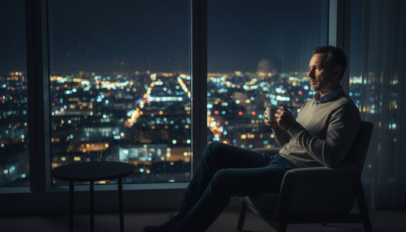 A thoughtful divorced man looking out a window at night, contemplating his readiness to start dating again.
