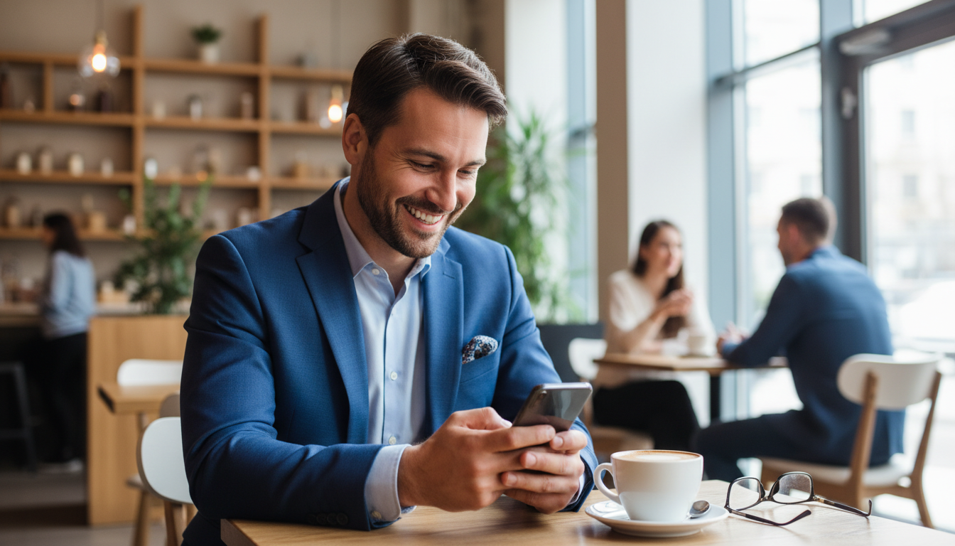 A confident divorced man smiling while checking a modern dating app on his smartphone at a local coffee shop.