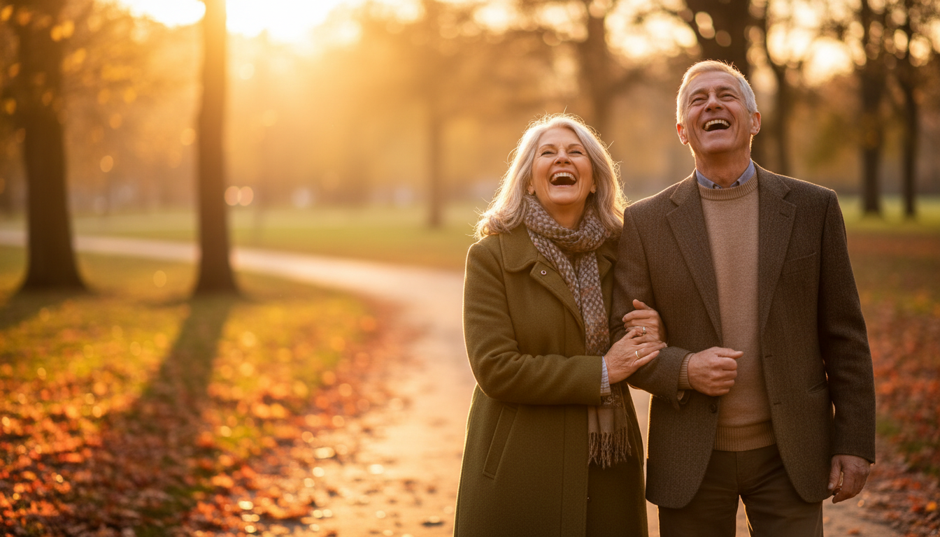 A happy mature couple walking and talking in a park, representing a healthy relationship after divorce.