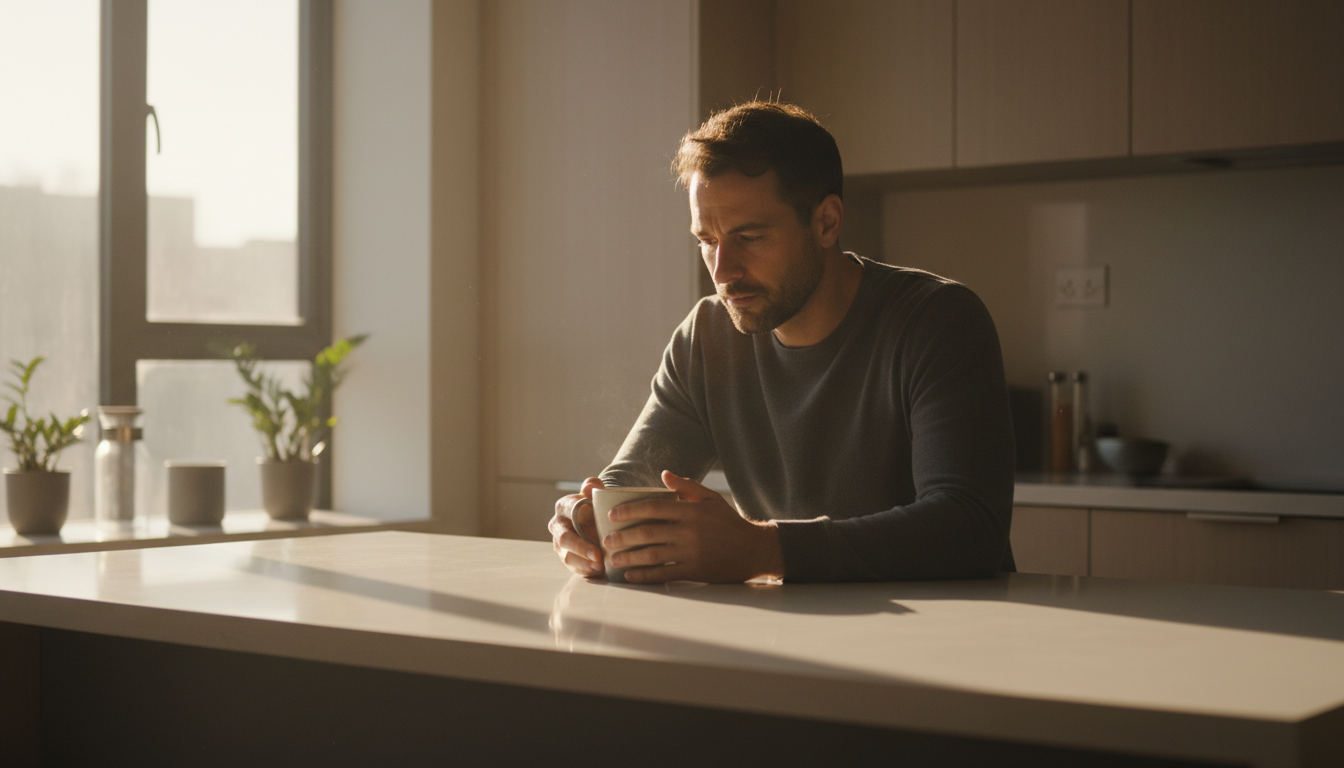 A man sitting alone in the morning sunlight reflecting on his divorce recovery journey.