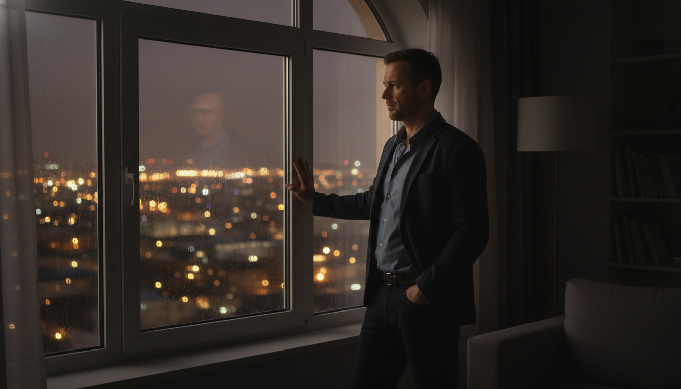 A divorced man reflecting on his readiness to date again while looking out an evening window.