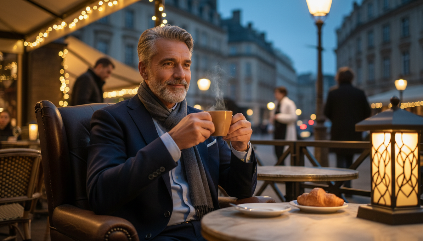 A confident divorced man enjoying his own company at a coffee shop in the evening.
