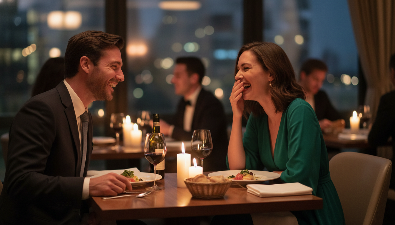 A man successfully on a first date after his divorce, enjoying a genuine conversation in the evening.