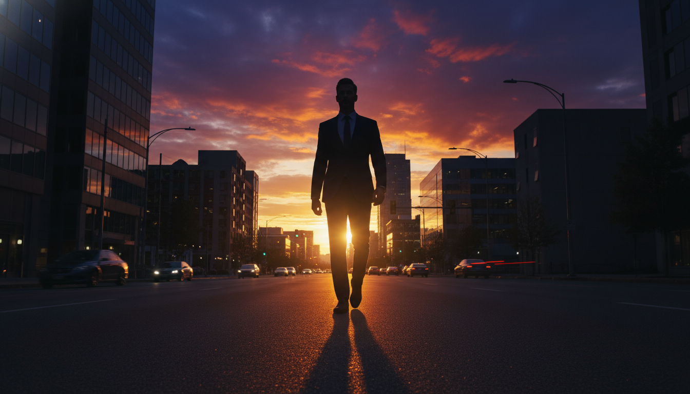 A divorced man walking confidently into his new future during a vibrant evening.