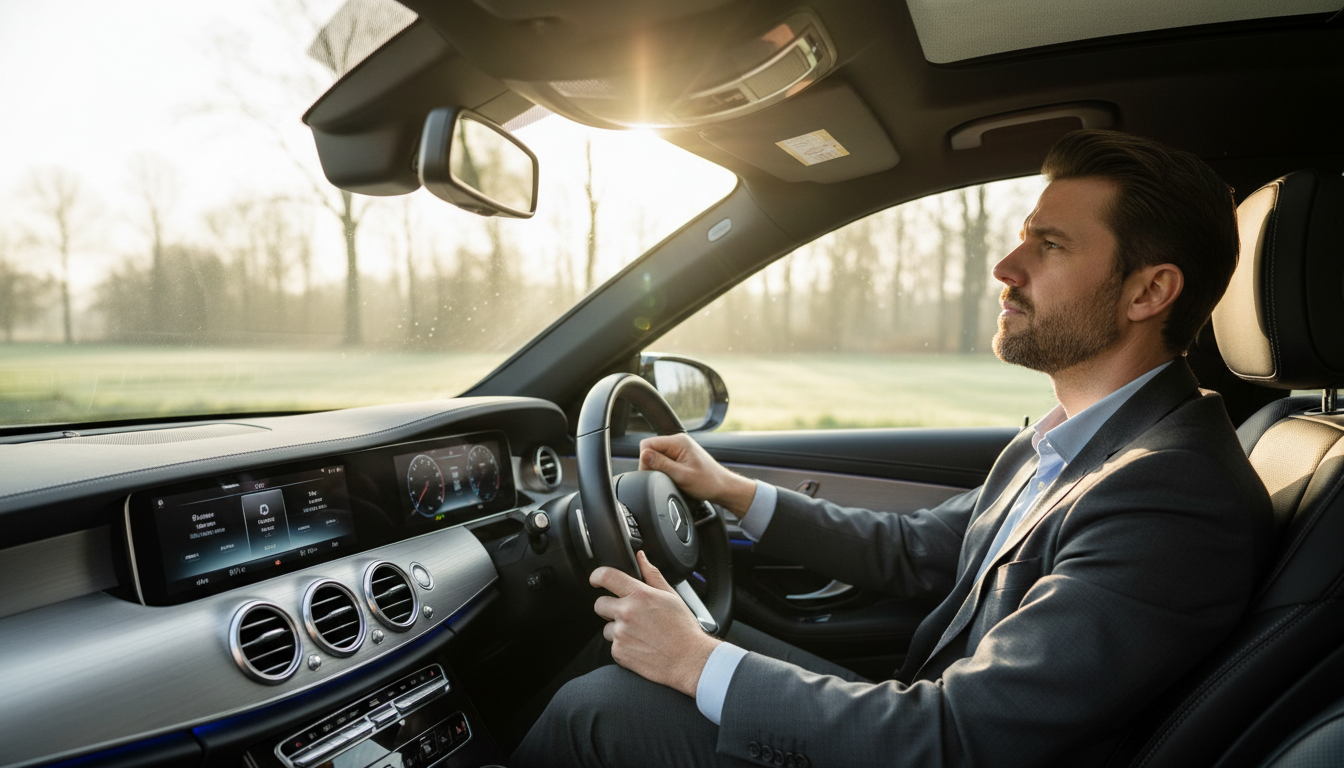 A divorced father reflecting quietly in his car on a Sunday morning after dropping off his children.