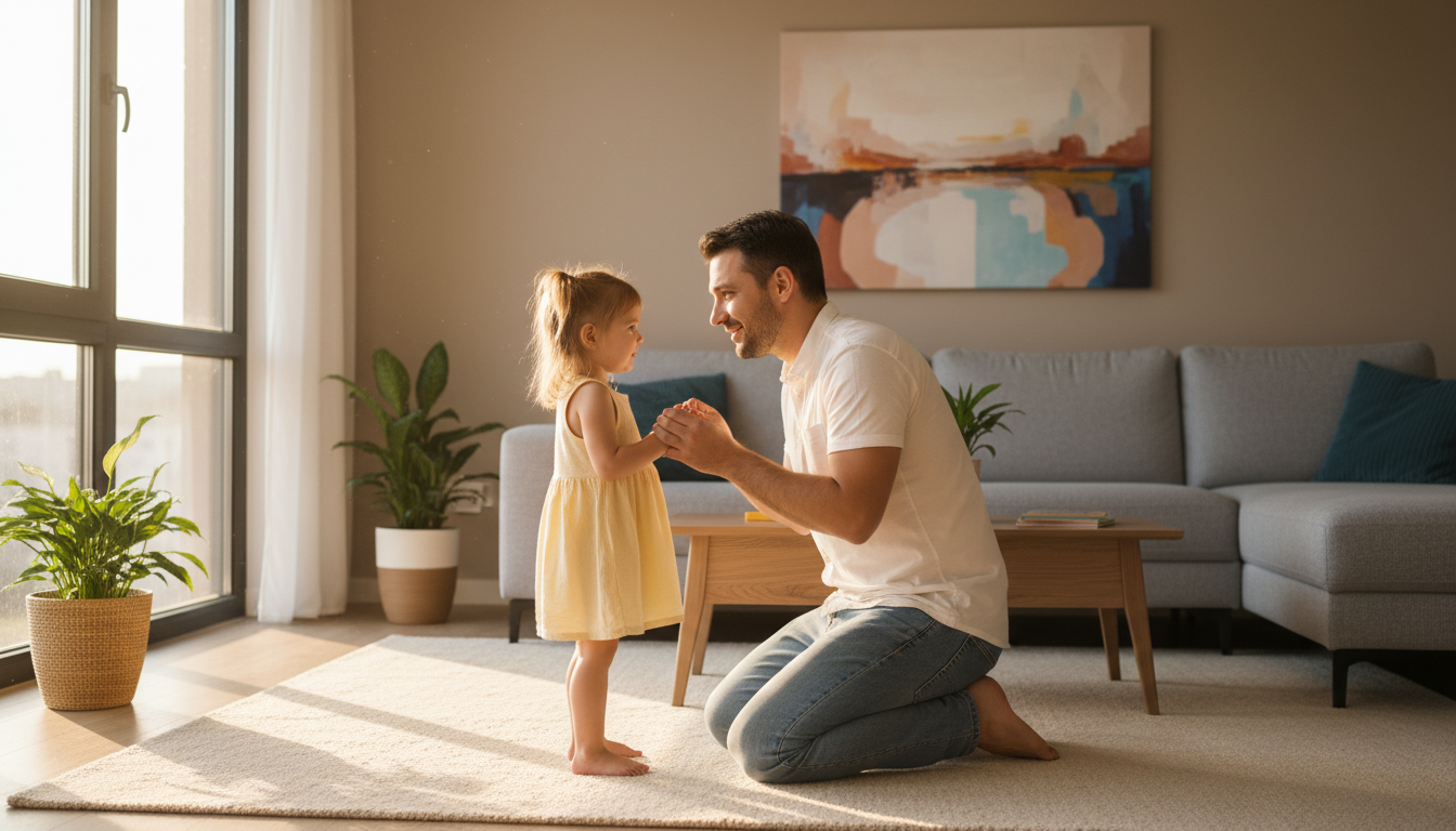 A caring father making deep, focused eye contact with his young daughter in a sunlit room.