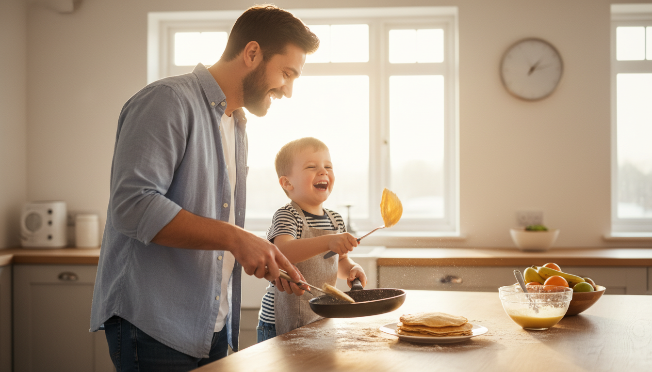 A divorced dad smiling and building new micro-traditions by cooking weekend breakfast with his son.