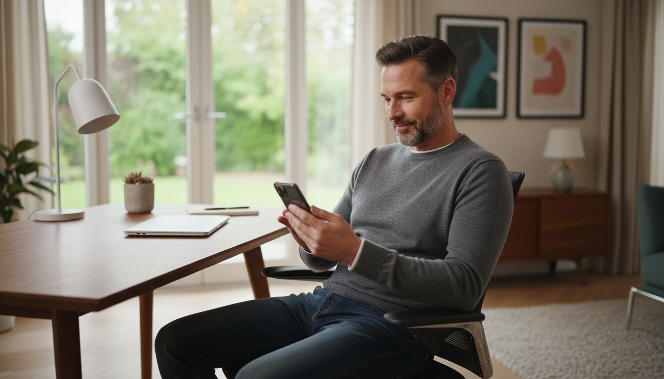 A calm and emotionally regulated divorced father reviewing a co-parenting text message on his phone.