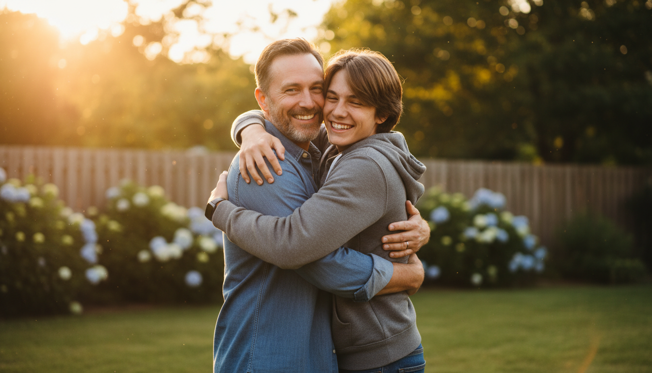 A confident, happy divorced dad sharing a warm, emotional embrace with his son in their backyard.