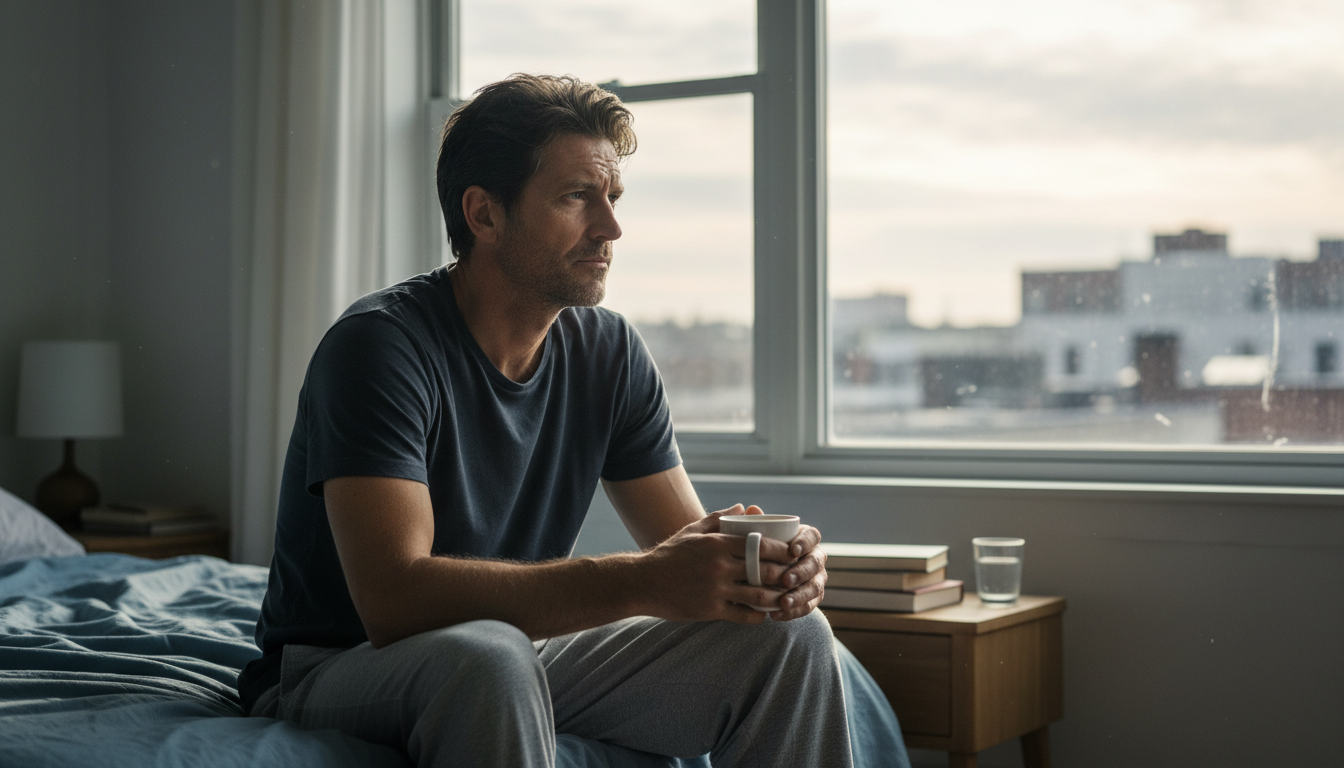Man sitting on bed in the morning trying to stop ruminating about his ex.