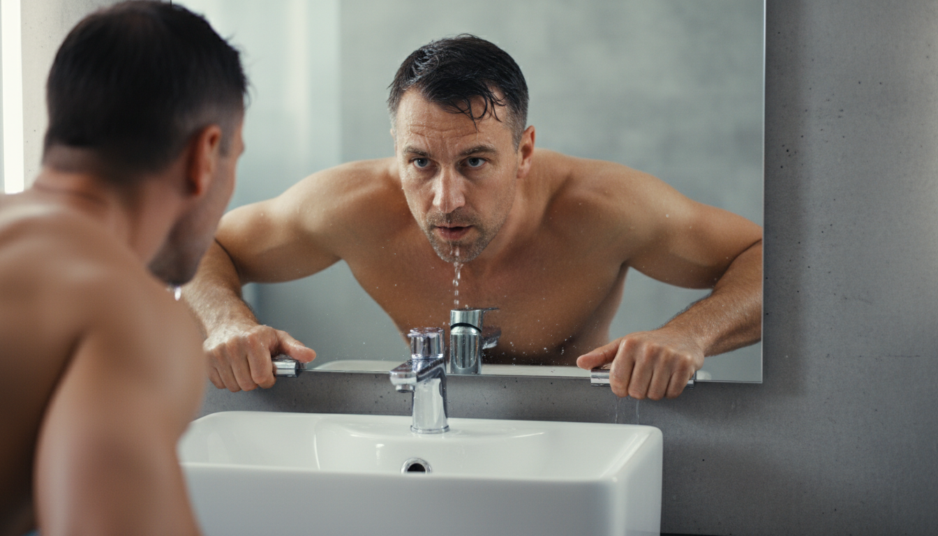 Man splashing cold water on his face to break a negative thought loop.
