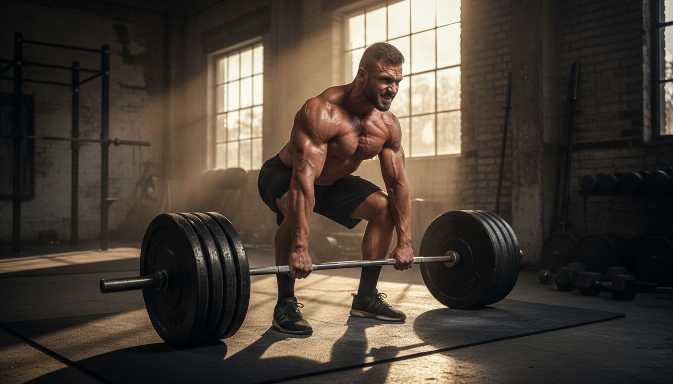 Man lifting heavy weights at the gym to rebuild focus and confidence after a breakup.