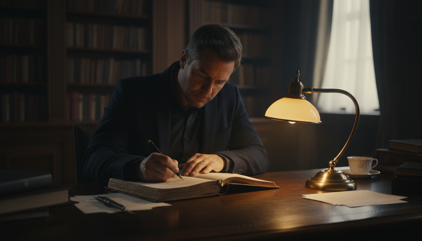 Man writing goals in a journal to shift focus away from his ex.