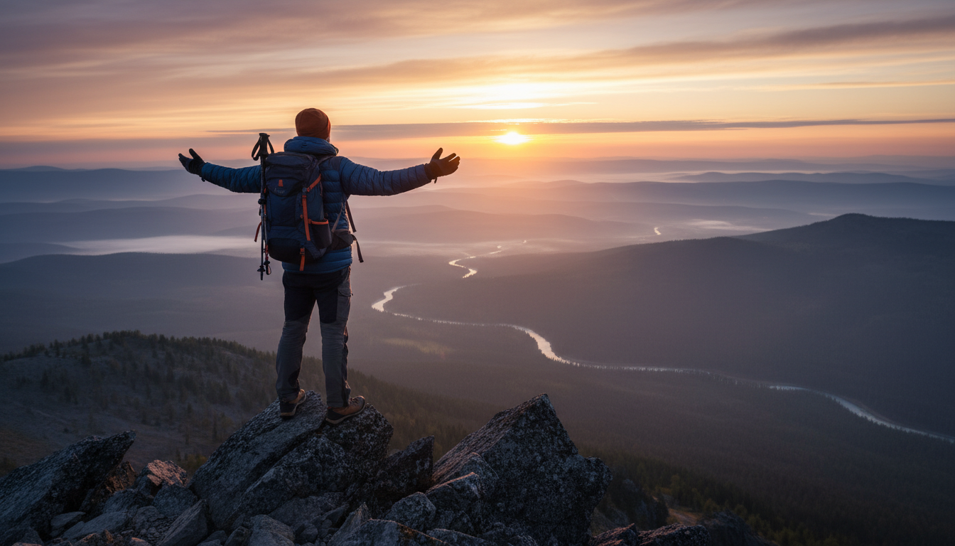 Confident man looking over a mountain valley, moving on with his life.