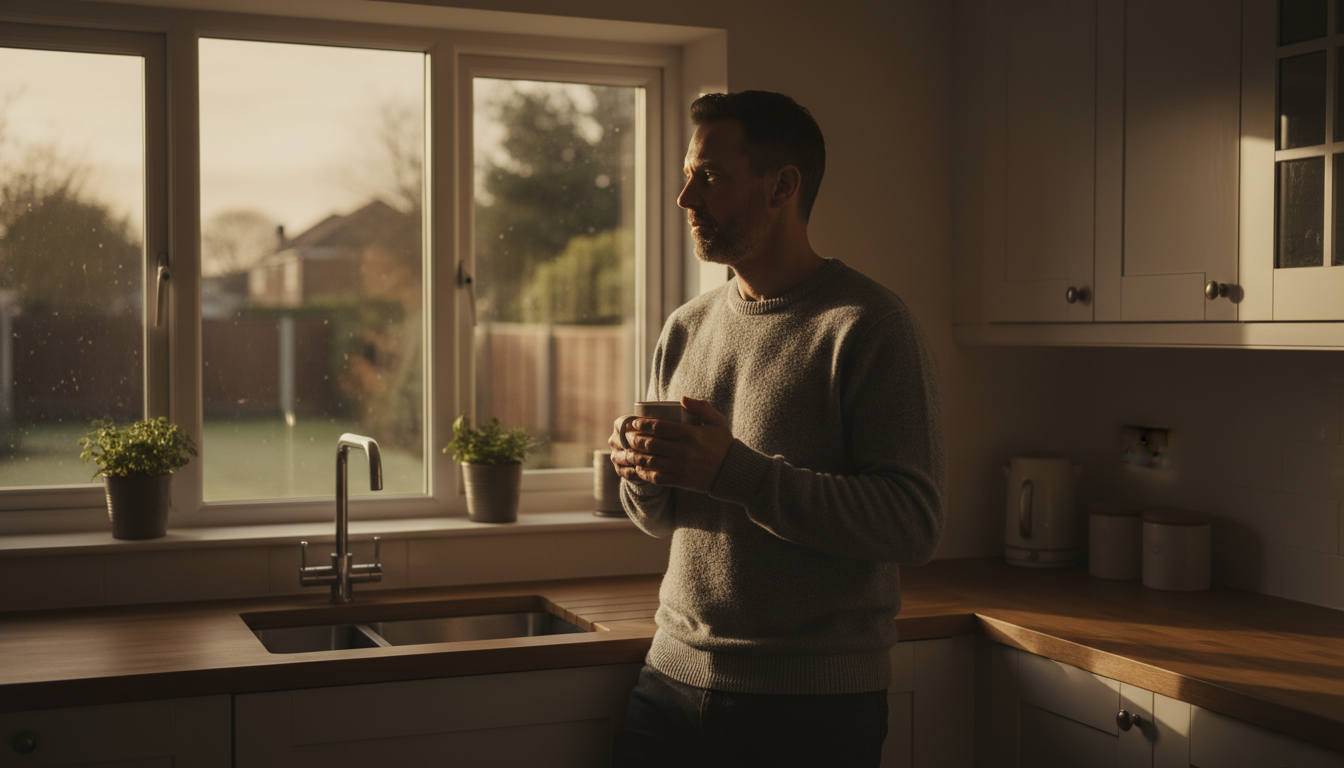 Divorced dad reflecting on fatherhood while drinking coffee in the morning.