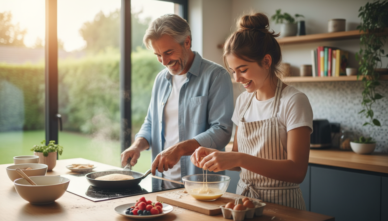 Divorced dad and teenage daughter cooking together to build a consistent routine.