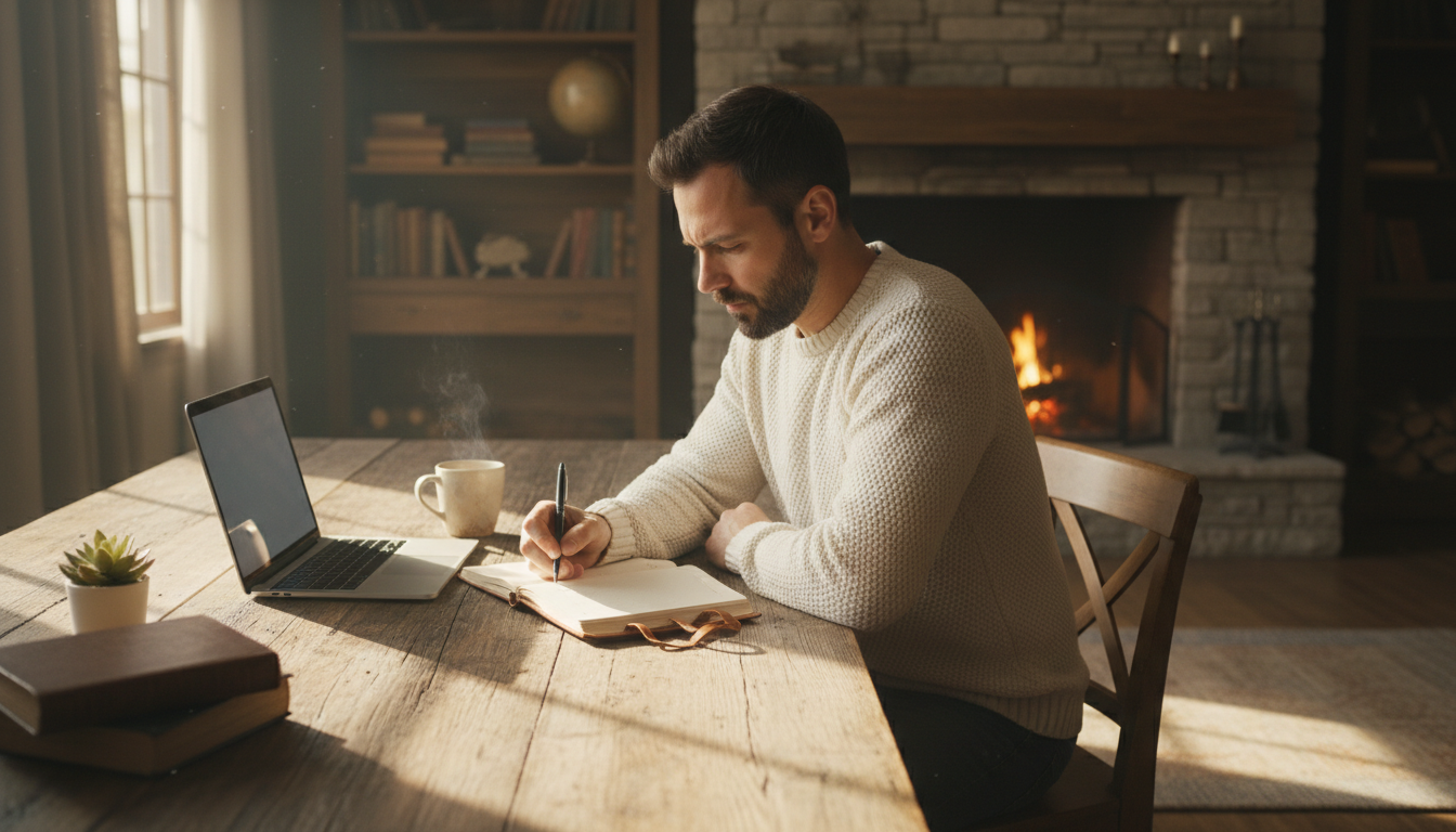 Father writing down his co-parenting boundaries and routines in a journal.