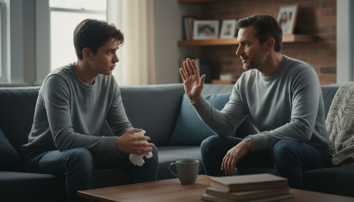 Father calmly de-escalating an argument with his teenager.