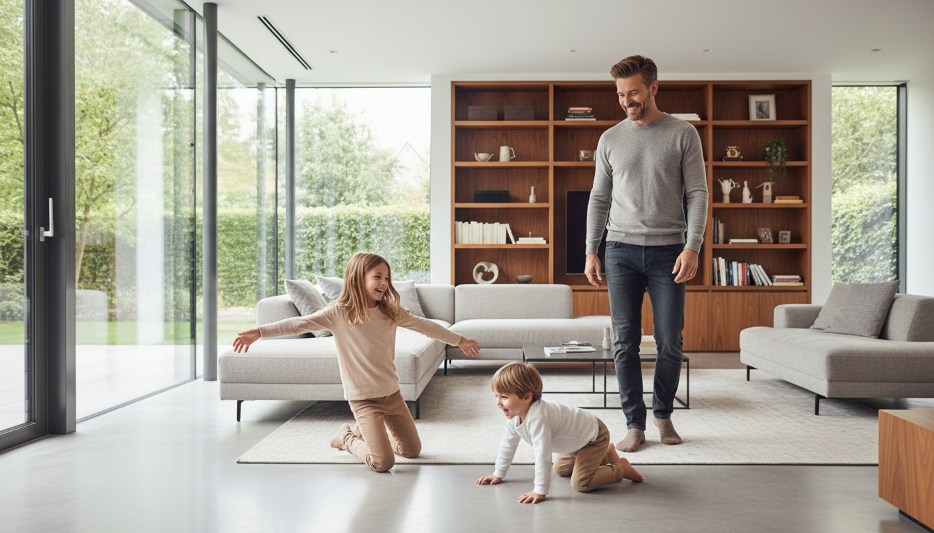 Divorced father standing confidently and smiling warmly at his children.