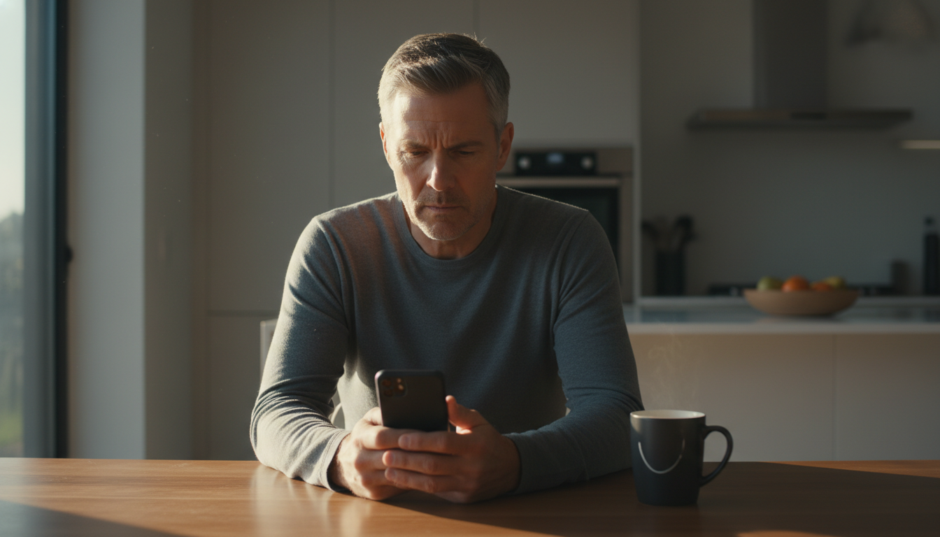 Man sitting in morning light looking at his phone while dealing with a controlling ex after divorce.