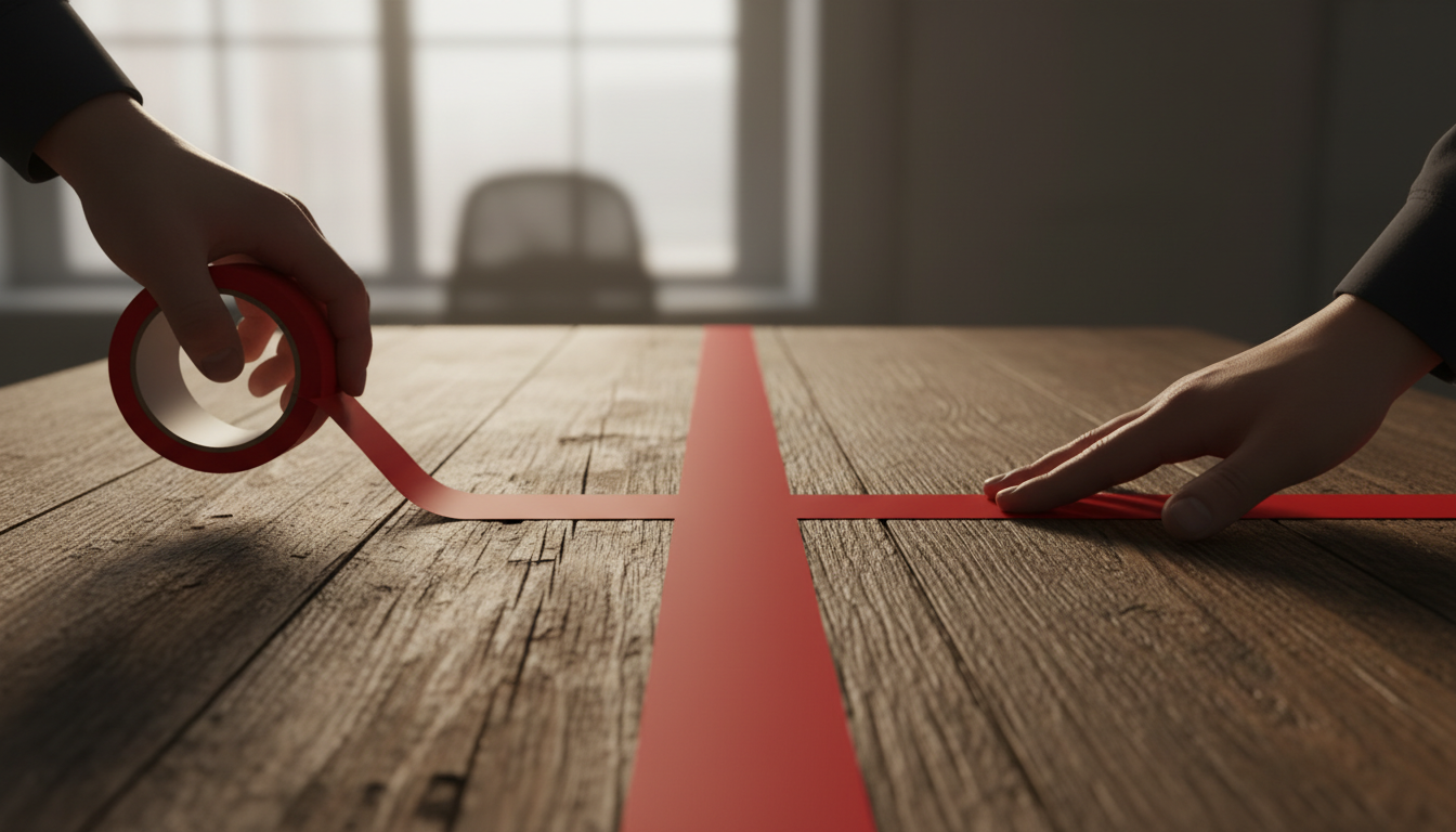 Visual metaphor of establishing strict boundaries with a controlling ex-spouse.