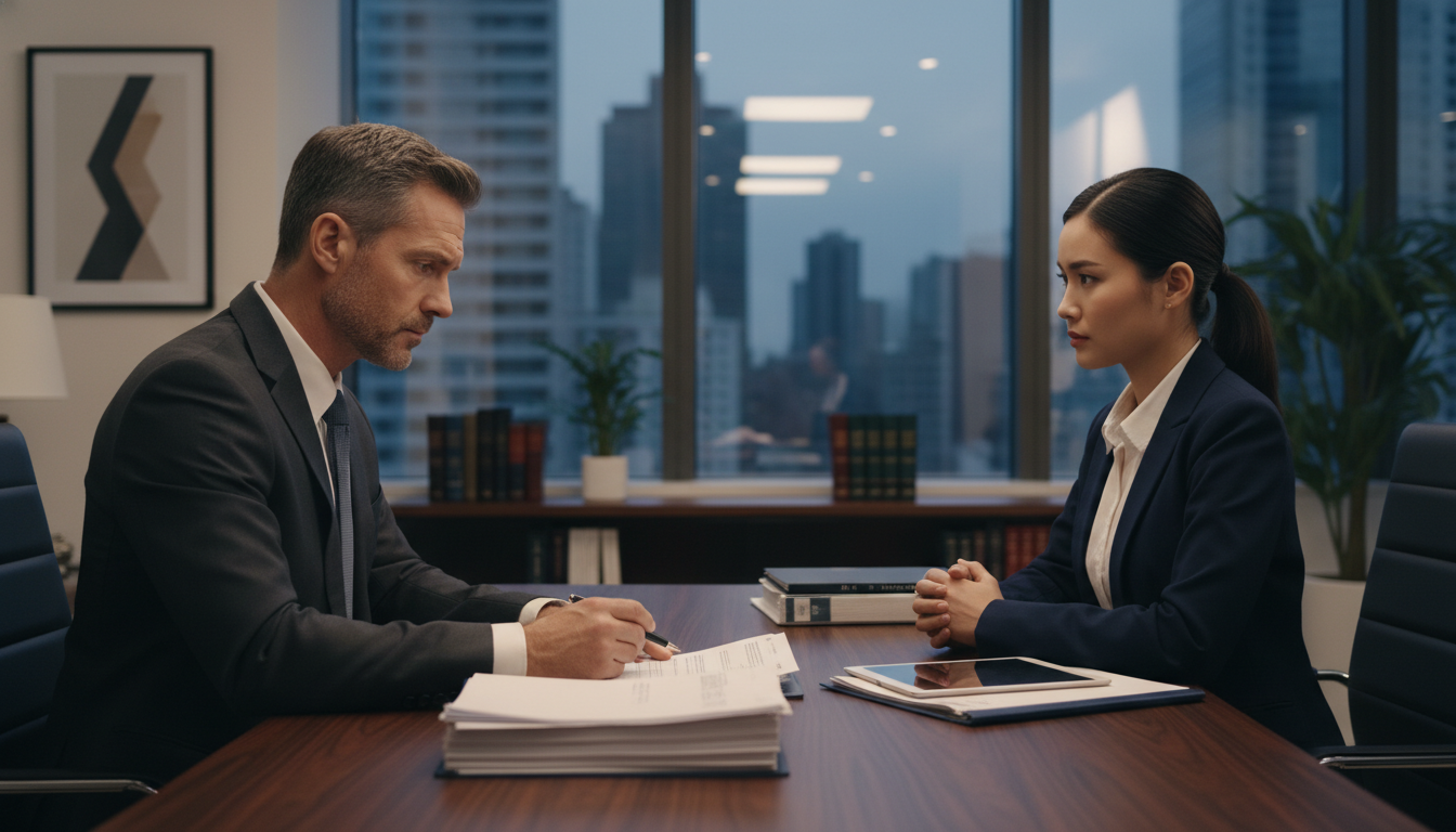 Divorced man consulting a lawyer to handle legal harassment from a controlling ex.